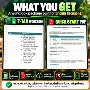 RepeatShine buyer package with seven-tab workbook and Quick Start Guide.