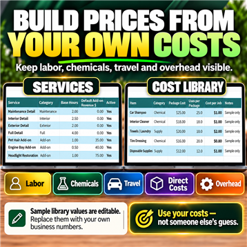 RepeatShine service and cost libraries for labor, chemicals, travel, direct costs, and overhead.