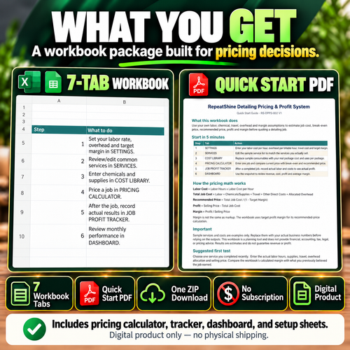 RepeatShine buyer package includes a 7-tab pricing workbook and Quick Start Guide PDF as one digital download.