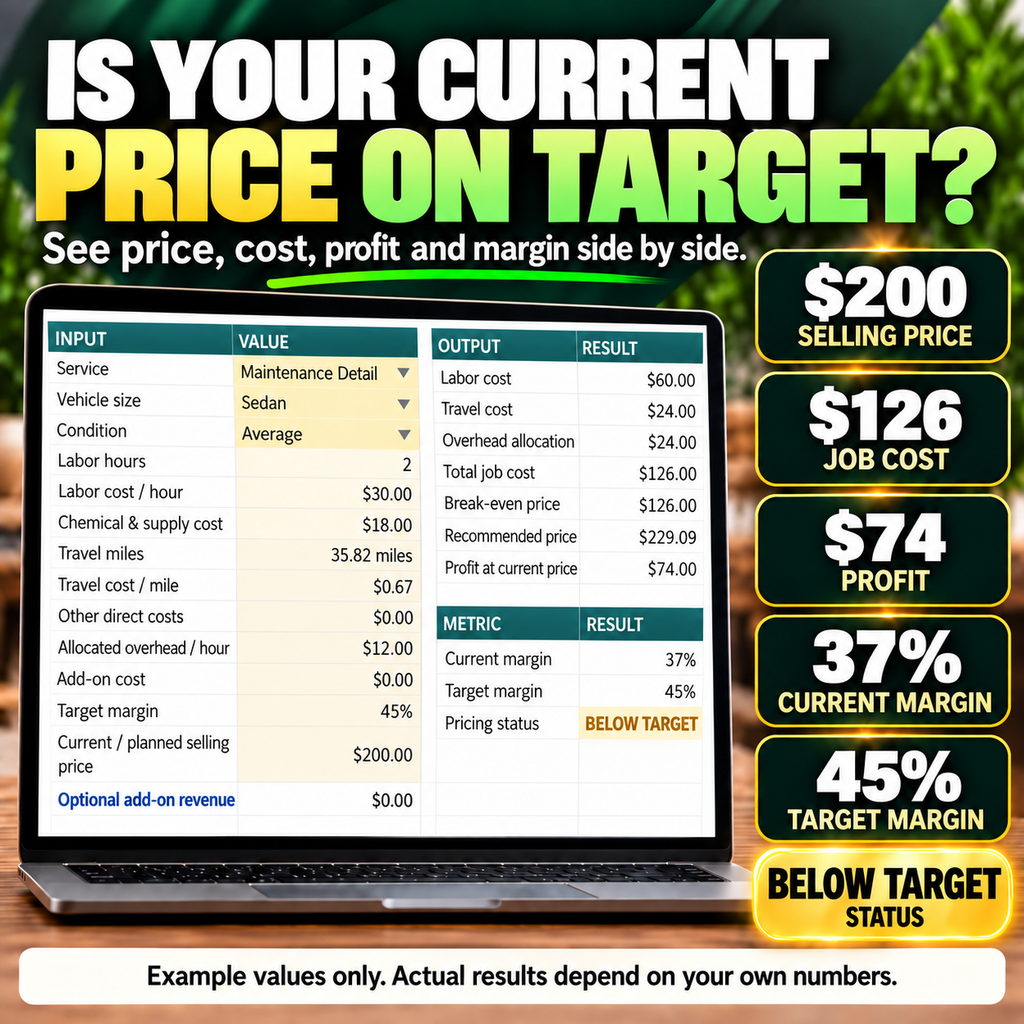 Workbook example compares $200 selling price with $126 job cost, $74 profit, 37% current margin, and 45% target margin.