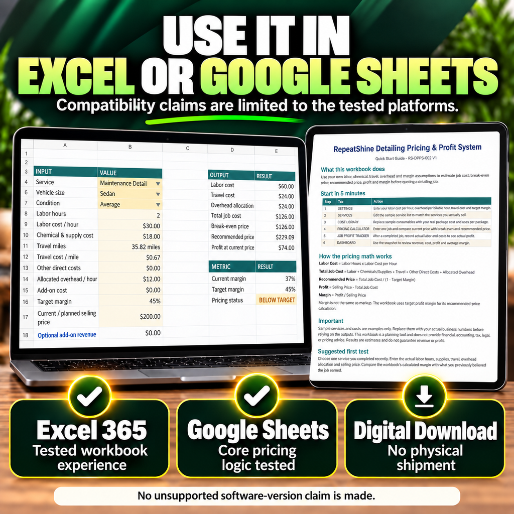RepeatShine workbook and guide shown for Excel 365 and tested Google Sheets core pricing logic.