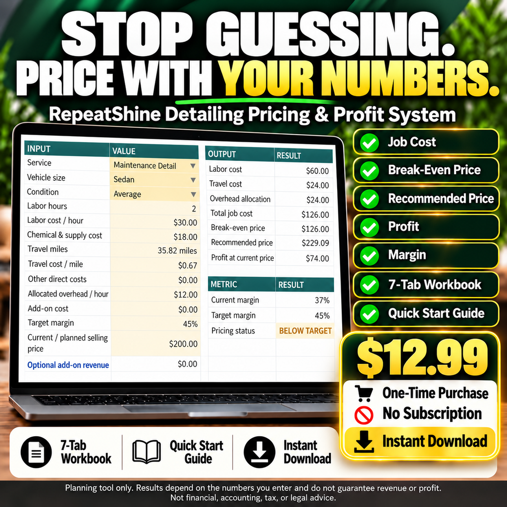 RepeatShine Detailing Pricing and Profit System: 7-tab workbook and Quick Start Guide, one-time digital purchase at $12.99.