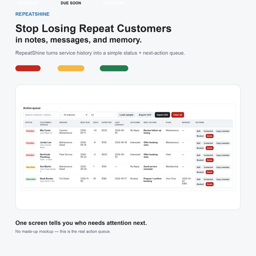 RepeatShine gallery image showing overdue, due soon and rebooked customer statuses in the real action queue for mobile detailing customer retention.