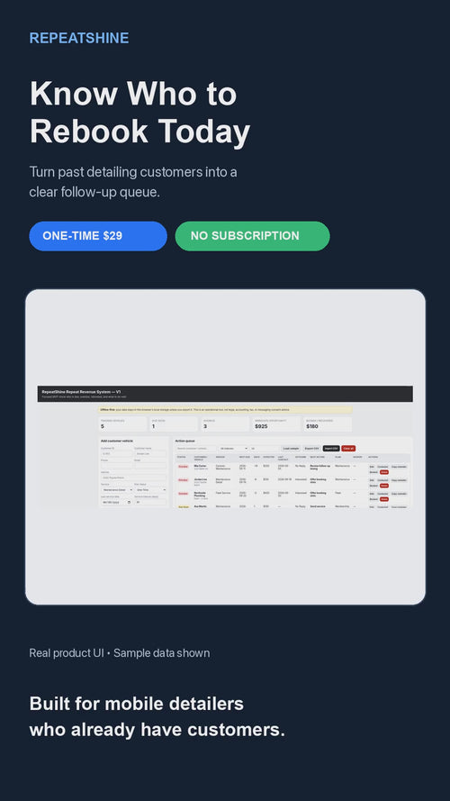 RepeatShine 10-second product video showing the real repeat revenue overview and action queue for mobile detailers, with one-time $29 pricing and no subscription.