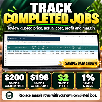 RepeatShine job profit tracker with sample rows clearly identified.