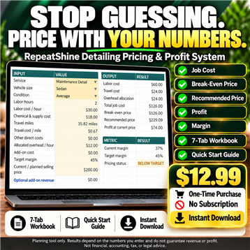 RepeatShine Detailing Pricing and Profit System summary and digital delivery overview.